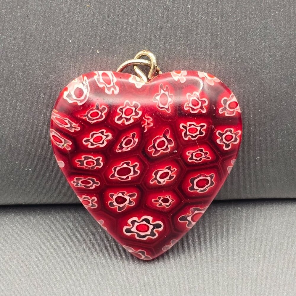 Murano Style Millefiori Glass Heart Pendant 1.25" Red w/ White Floral Mosiac - Picture 2 of 3
